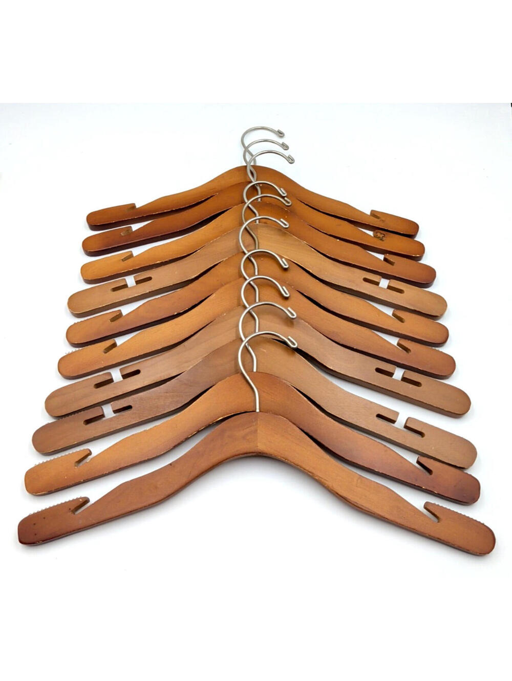10 Wood Clothes Hangers w/No-Slip Bars/Notches Coat/Shirt/Dress/Strap Top *READ*